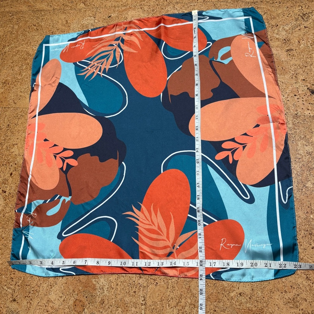 Reyna Noriega x Goody Ouchless Satin Floral Teal and Orange Square Scarf - Picture 8 of 10